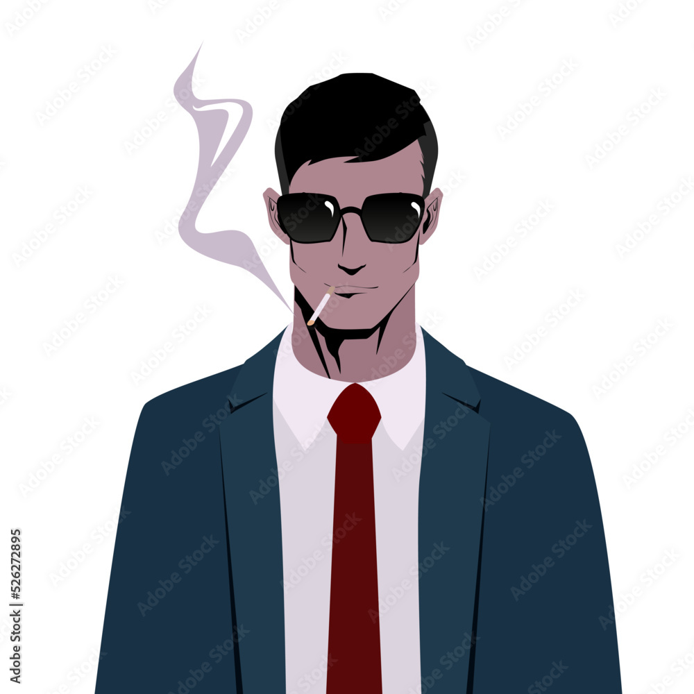 Young man in black businerss suit and sunglasses smoking a cigarette , security, detective portrait Young man in black businerss suit and sunglasses smoking a cigarette , security, detective portrait