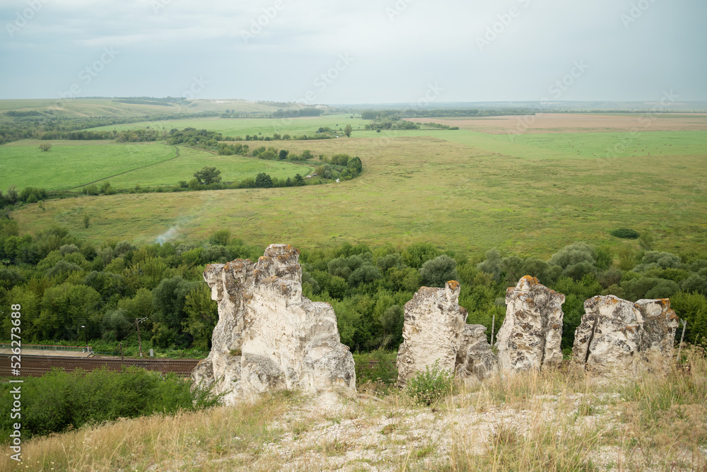 View on chalk stone cretaceous divas above green valley in Divnogorie, Voronezh region, Russia