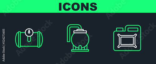 Set line Canister for motor oil, Gas tank vehicle and Oil storage icon. Vector