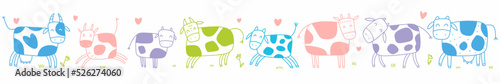 A hand-drawn set of cute cows. Vector illustration of farm animals drawn in the style of doodles.