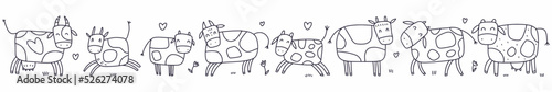 A hand-drawn set of cute cows. Vector illustration of farm animals drawn in the style of doodles.