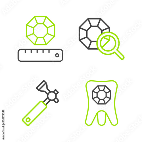 Set line Tooth with diamond, Jewelers lupe, Gem stone and icon. Vector