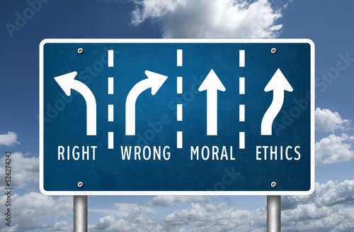 Decision between right wrong moral and ethics - road sign concept photo