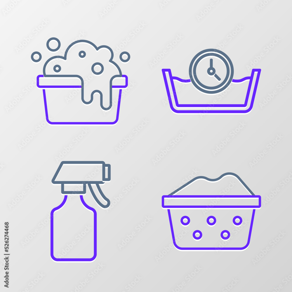 Set line Basin with soap suds, Water spray bottle, Time wash and icon. Vector Set line Basin with soap suds, Water spray bottle, Time wash and icon. Vector