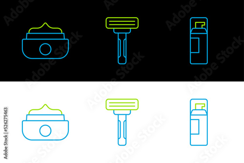 Set line Shaving gel foam, Gel or wax for hair styling and razor icon. Vector