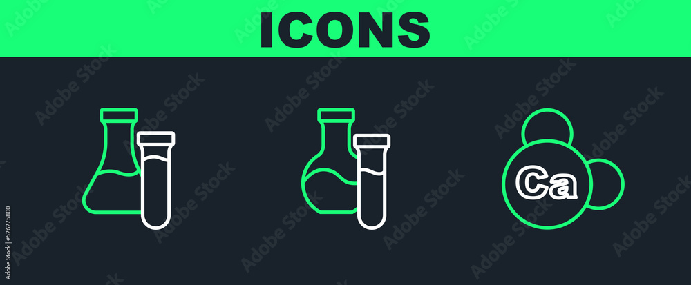 Set line Mineral Ca Calcium, Test tube and icon. Vector Set line Mineral Ca Calcium, Test tube and icon. Vector