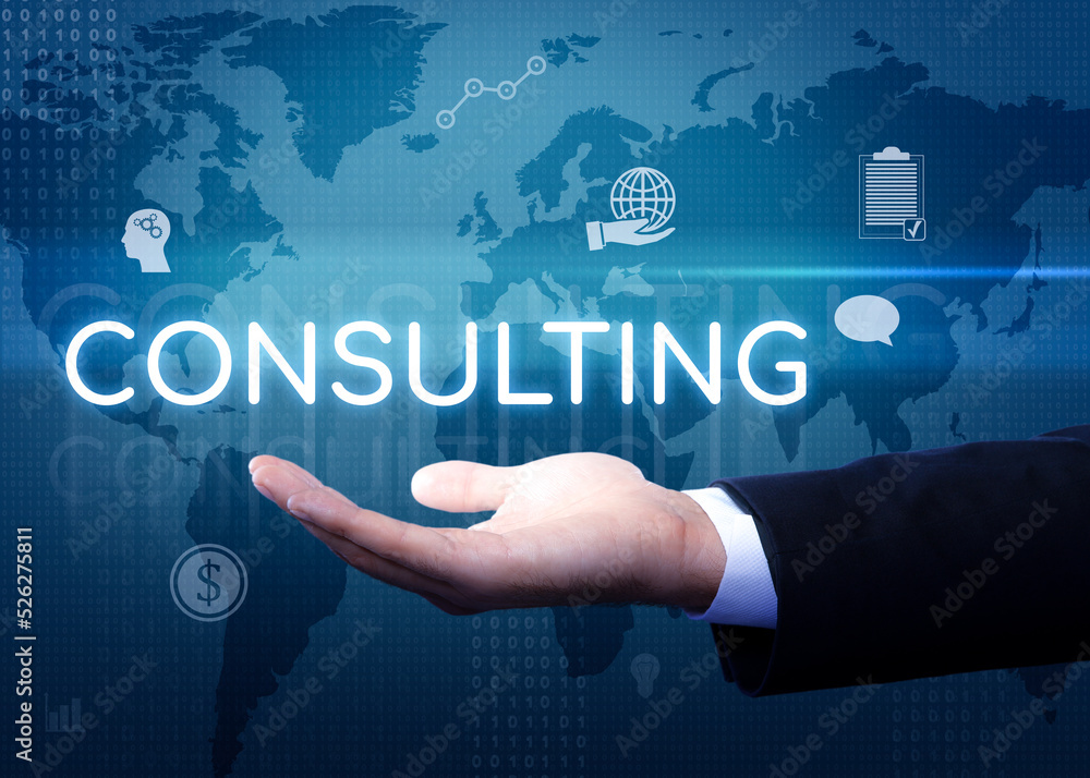 Man showing virtual image of word CONSULTING, closeup Man showing virtual image of word CONSULTING, closeup