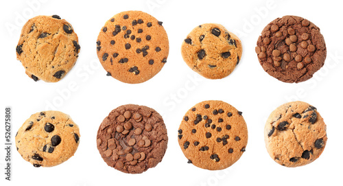 Set with delicious chocolate chip cookies on white background, top view © New Africa