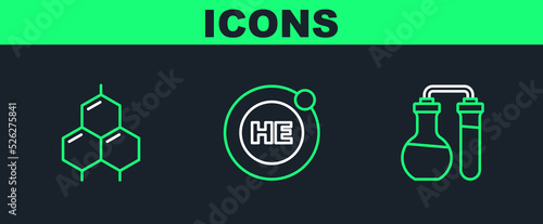 Set line Test tube, Chemical formula and Helium icon. Vector