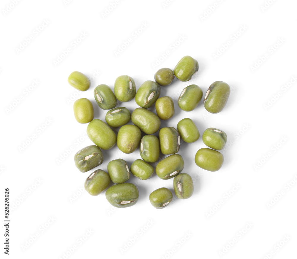 Green mung beans on white background, top view. Organic grains Green mung beans on white background, top view. Organic grains