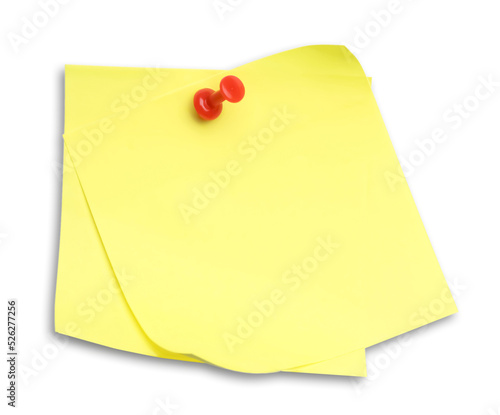 Blank yellow notes pinned on white background, top view