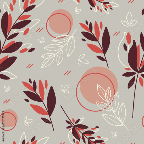 Ash-pink seamless floral pattern with transparent branches and circles on the background