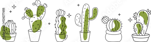 Set doodle cartoon line cacti