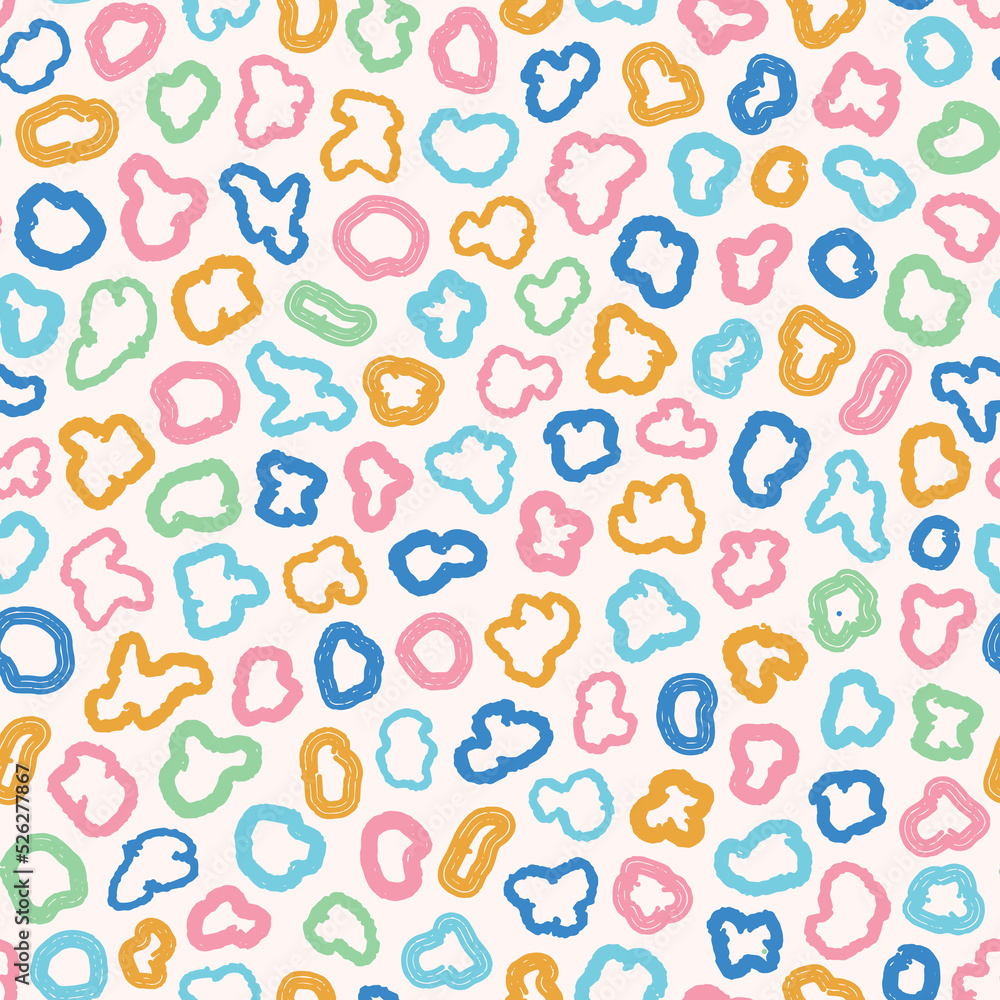 Multicolored abstract circles seamless repeat pattern. Fun, vector, hand drawn geometrical shapes all over surface print.
