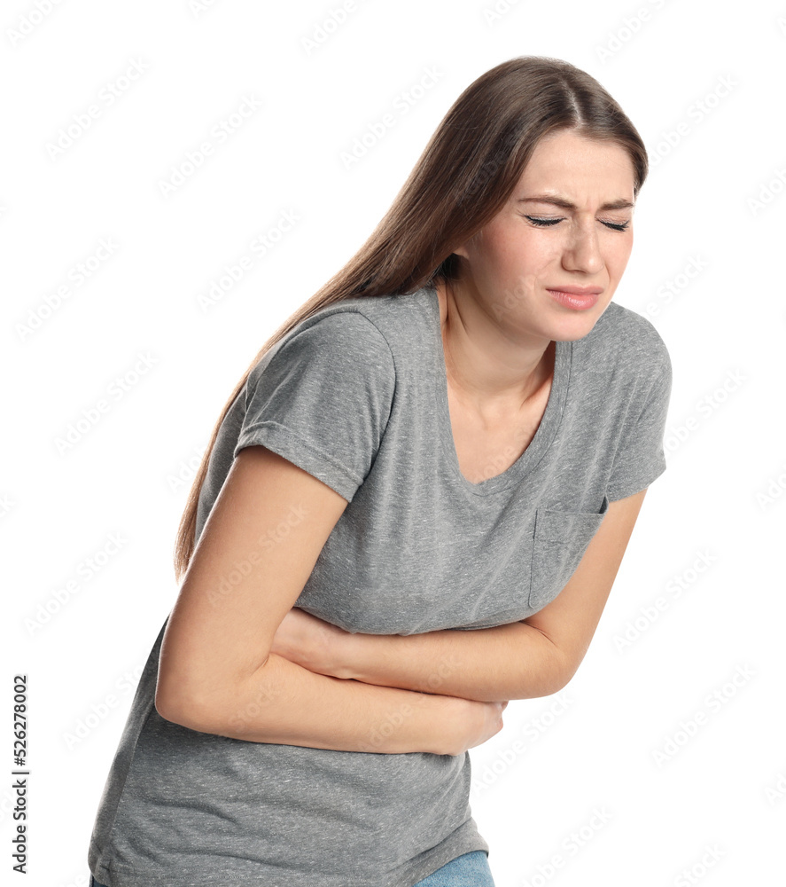 Woman suffering from stomach ache on white background. Food poisoning Woman suffering from stomach ache on white background. Food poisoning