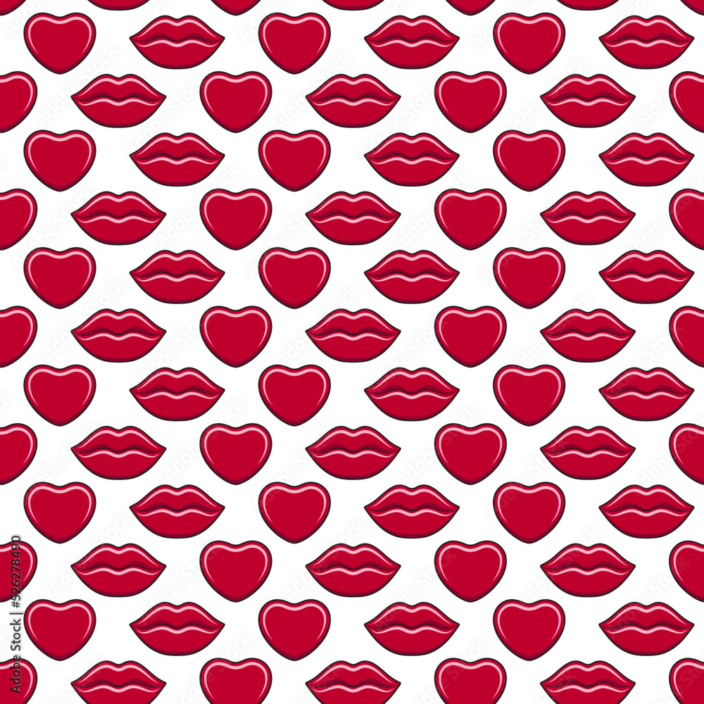 Seamless pattern with sexy red lips and hearts on a white background. Vector background. Seamless pattern with sexy red lips and hearts on a white background. Vector background.