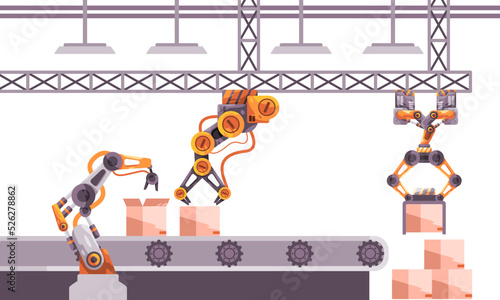 Automated distribution warehouse box product assembly line with robot arm holding cardboard