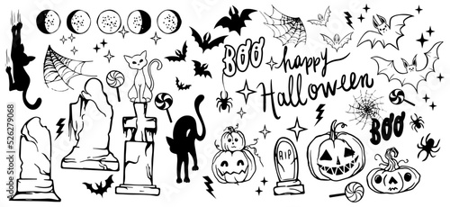 Vector set of Halloween clipart. Funny illustration for seasonal design, textile, kids playroom decoration or greeting card. Drawn by hand. Background Halloween.
