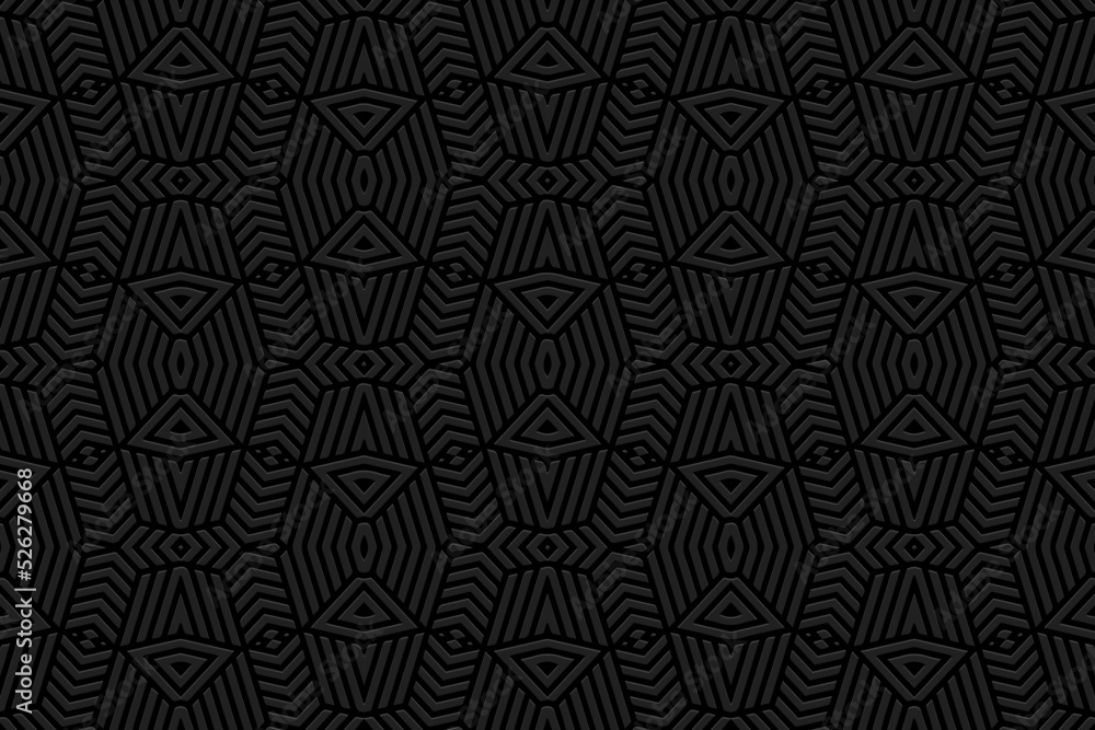 Embossed original black background, ethnic cover design. 3D pattern of geometric shapes, lines, stripes. Art deco style. Folk traditional ornaments of the East, Asia, India, Mexico, Aztecs, Peru.
Embossed original black background, ethnic cover design. 3D pattern of geometric shapes, lines, stripes. Art deco style. Folk traditional ornaments of the East, Asia, India, Mexico, Aztecs, Peru.