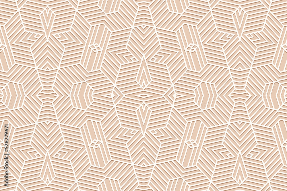 Embossed light beige background, cover ethnic design. 3D pattern of geometric shapes, lines, stripes. Art deco style. Folk traditional ornaments of the East, Asia, India, Mexico, Aztecs, Peru.
