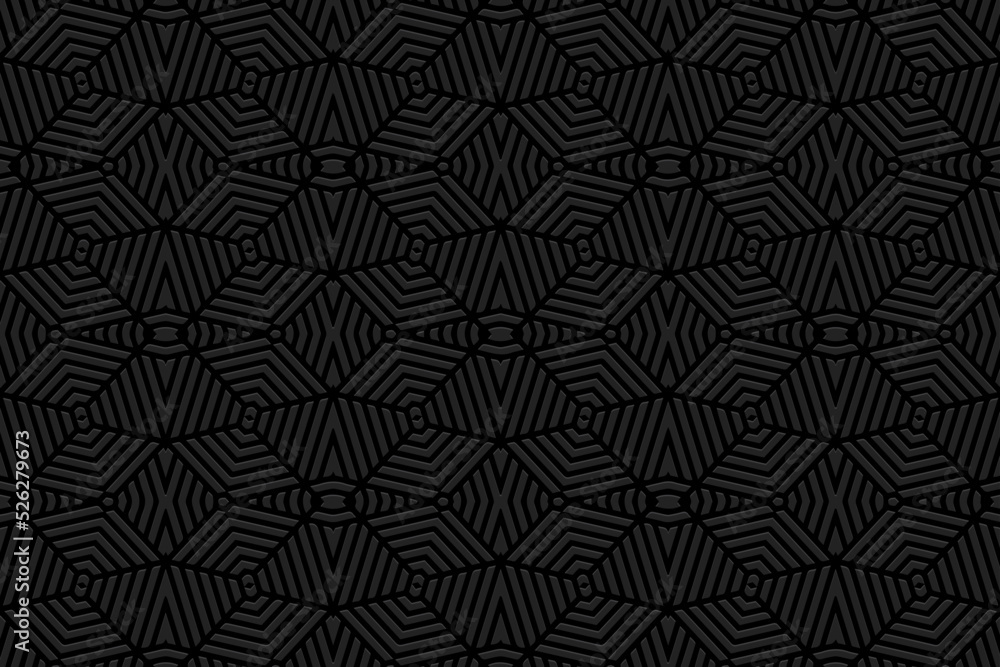 Embossed trendy black background, ethnic cover design. 3D pattern of geometric shapes, lines, stripes. Art deco style. Folk traditional ornaments of the East, Asia, India, Mexico, Aztecs, Peru.