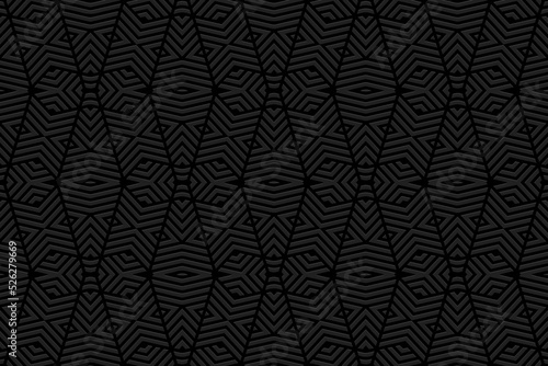 Embossed unique black background, ethnic cover design. 3D pattern of geometric shapes, lines, stripes. Art deco style. Folk traditional ornaments of the East, Asia, India, Mexico, Aztecs, Peru.