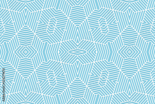 Embossed light blue background  ethnic cover design. 3D pattern of geometric shapes  lines  stripes. Art deco style. Folk traditional ornaments of the East  Asia  India  Mexico  Aztecs  Peru.