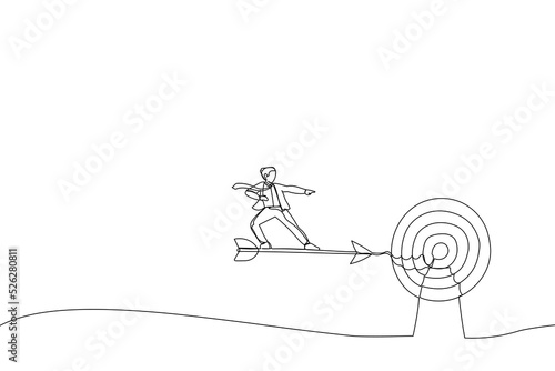 Cartoon of businessman riding on arrow. Continuous line art style
