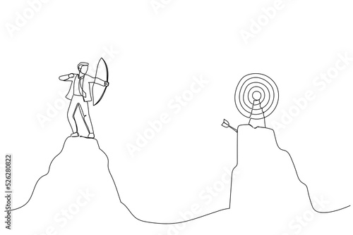 Drawing of overconfidence businessman archery terribly missed target. Metaphor for terrible missed target, failure or mistake. Single line art style