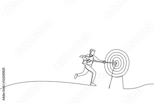 Cartoon of businessman shooting target with arrow. Metaphor for market goal achievement, financial aim. Single continuous line art style