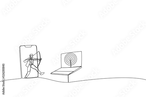 Cartoon of businessman from mobile app aiming target and other computer laptop. Metaphor for remarketing or behavioral retargeting in digital advertising. Single continuous line art style photo