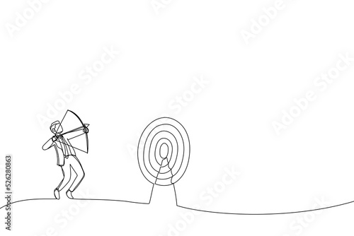 Drawing of blindfolded businessman shooting arrow and missed the target. Single continuous line art