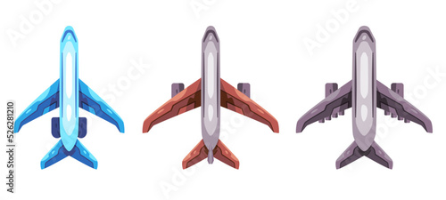 Commercial airplane aircraft top view in colorful graphic game asset collection