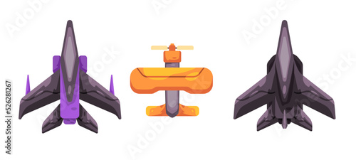 Jet fighter and front propeller airplane aircraft top view in colorful graphic game asset collection