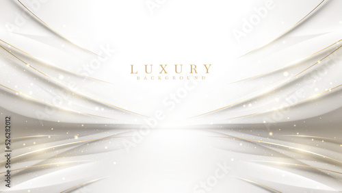 Luxury white background with golden line elements and curve light effect decoration and bokeh.