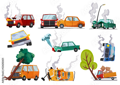Accidents on road cars damaged. Road accident icons set with car crash symbols. Flat damaged vehicle insurance. Damaged autos. Need repair service or not recoverable