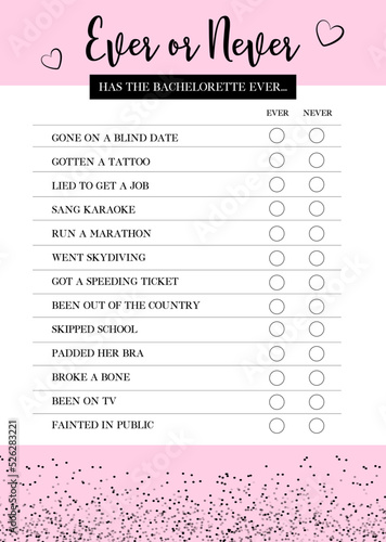 Ever or Never Game, Bachelorette Party Game, Fun Hen Party Game, Bridal Shower Game, printable vector card