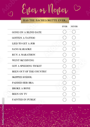 Ever or Never Game, Bachelorette Party Game, Fun Hen Party Game, Bridal Shower Game, printable vector card