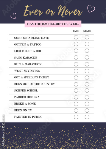 Ever or Never Game, Bachelorette Party Game, Fun Hen Party Game, Bridal Shower Game, printable vector card