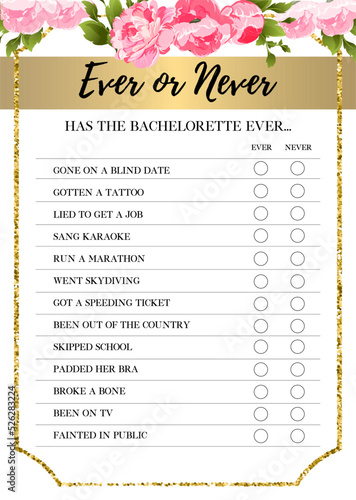 Ever or Never Game, Bachelorette Party Game, Fun Hen Party Game, Bridal Shower Game, printable vector card