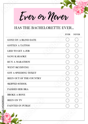 Ever or Never Game, Bachelorette Party Game, Fun Hen Party Game, Bridal Shower Game, printable vector card