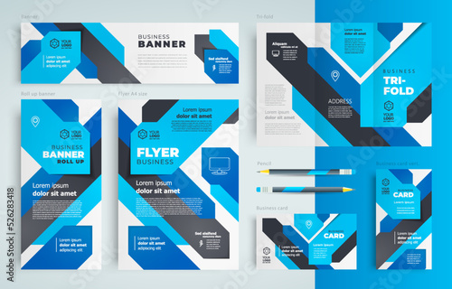 Identity design Blue color stripes actions theme Set template flyer cover, trifold, banner, roll up banner, business card