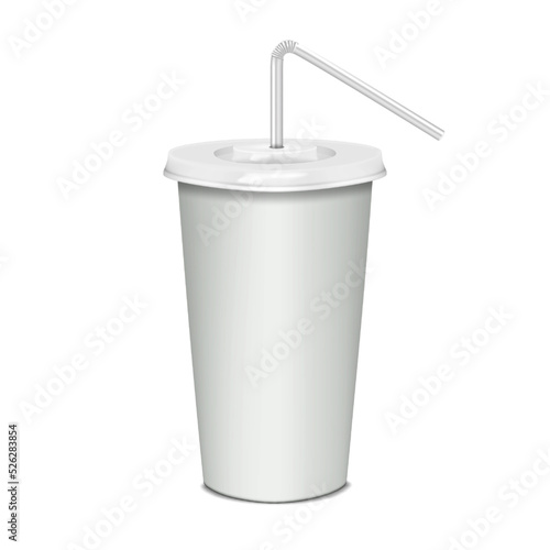 Blank paper coffee cup with plastic lid and clear bendy drinking straw isolated on white background realistic mockup. Takeaway drink mug vector mock-up. Template for design