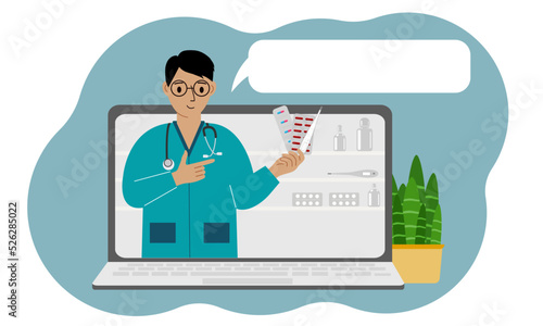 Online consultation or feedback concept. Laptop with a picture of a male pharmacist with medicines in his hand.