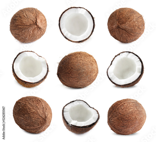 Set with ripe coconuts on white background