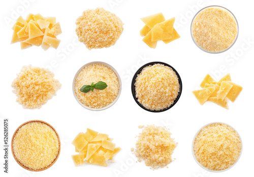 Set with delicious parmesan cheese on white background, top view