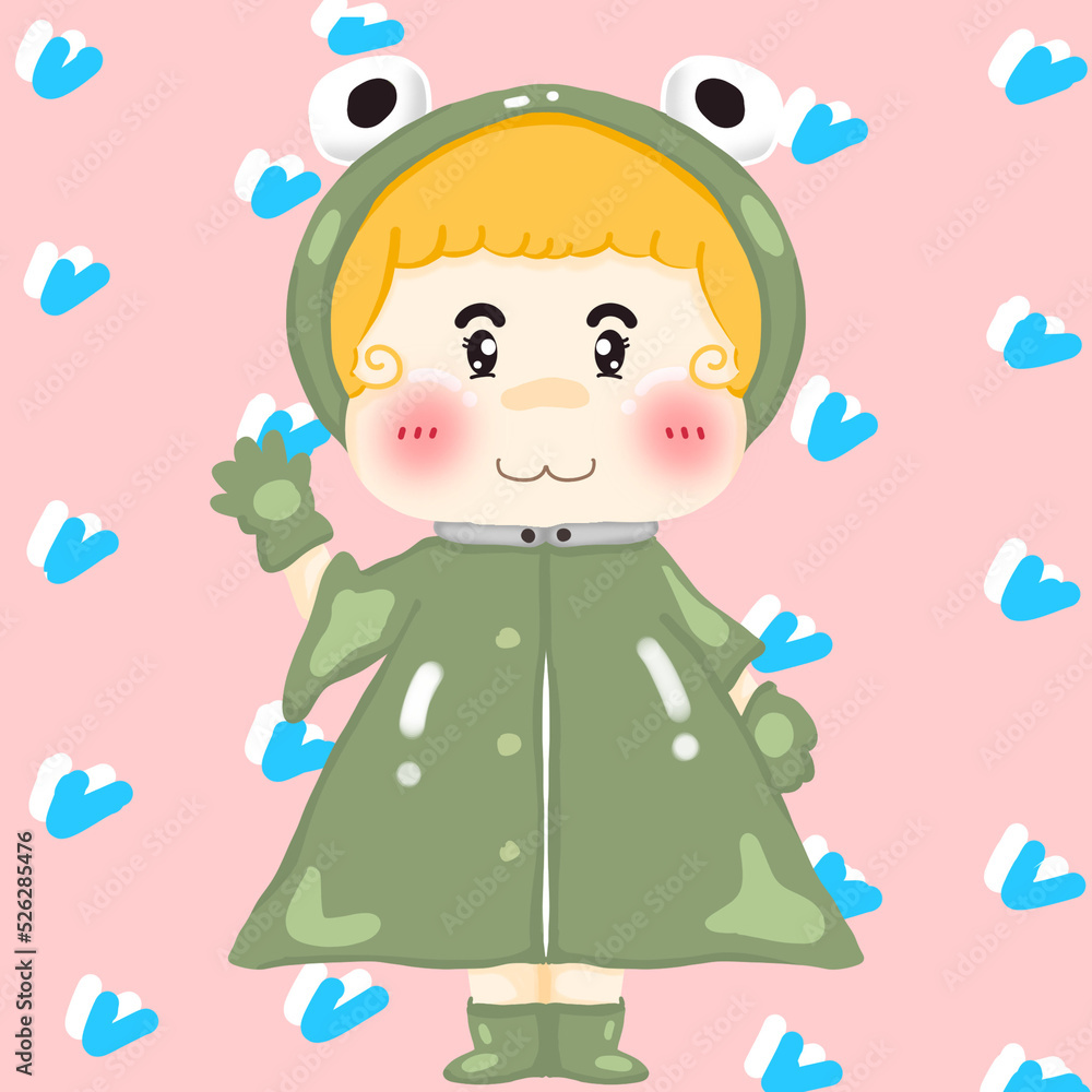 girl wearing a frog pattern raincoat girl wearing a frog pattern raincoat