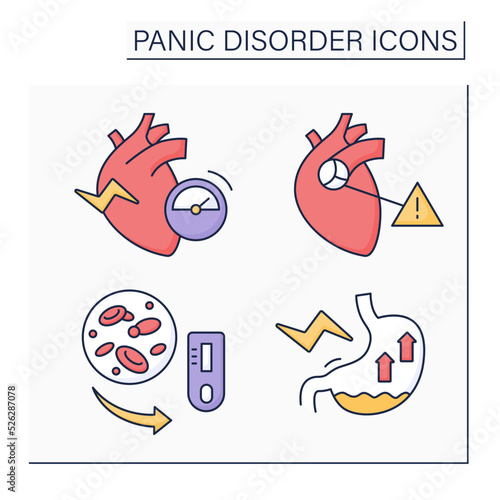 Panic disorder color icons set. Mitral valve prolapse, nausea,heart palpitation, hypoglycemia. Mental health care. Anxiety disorder concept. Isolated vector illustration