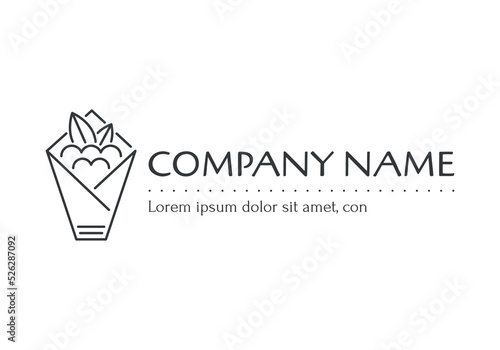 Greek street food logo, delicious souvlaki or gyros in pita bread. Simple isolated flat icon in line style.