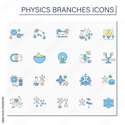 Physics branches color icons set. Scientific disciplines. Research macroscopic and microscopic physical properties. Science concept. Isolated vector illustrations